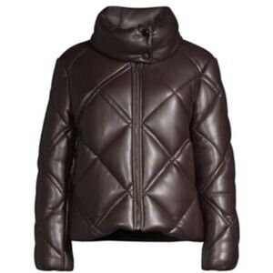 Milly Burgundy Faux Leather Quilted Puffer‎ Jacket Stand Collar Full Zip